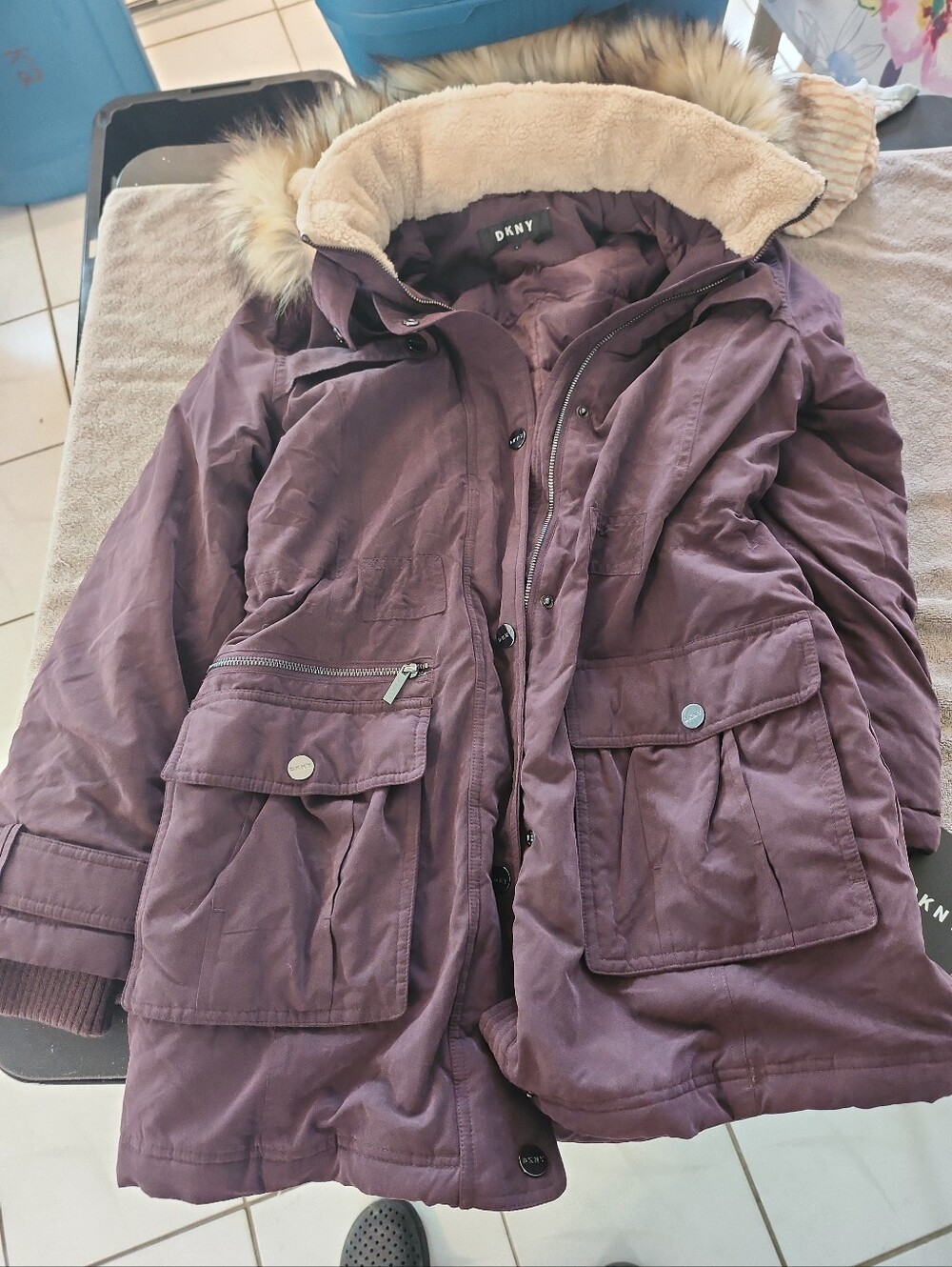 DKNY Plum Hooded Parka with Faux Fur Trim
